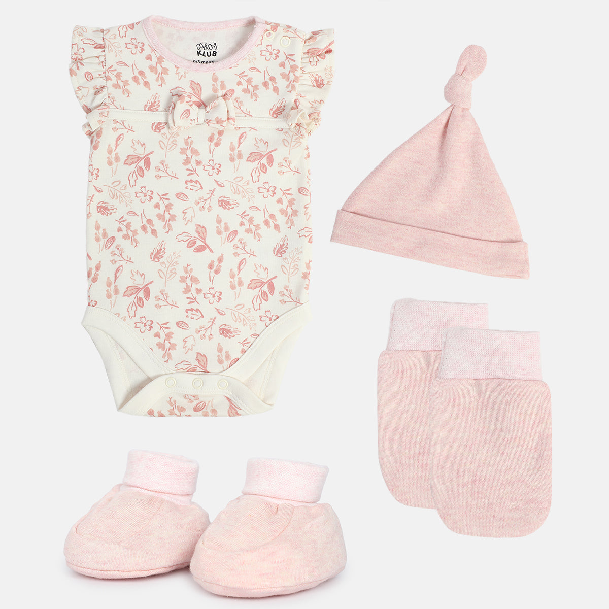 Baby Girls Pink Floral Printed Bodysuit Gift Set with Cap, Mittens and Booties Regular Fit Baby Essentials