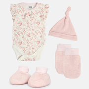 Baby Girls Pink Floral Printed Bodysuit Gift Set with Cap, Mittens and Booties Regular Fit Baby Essentials