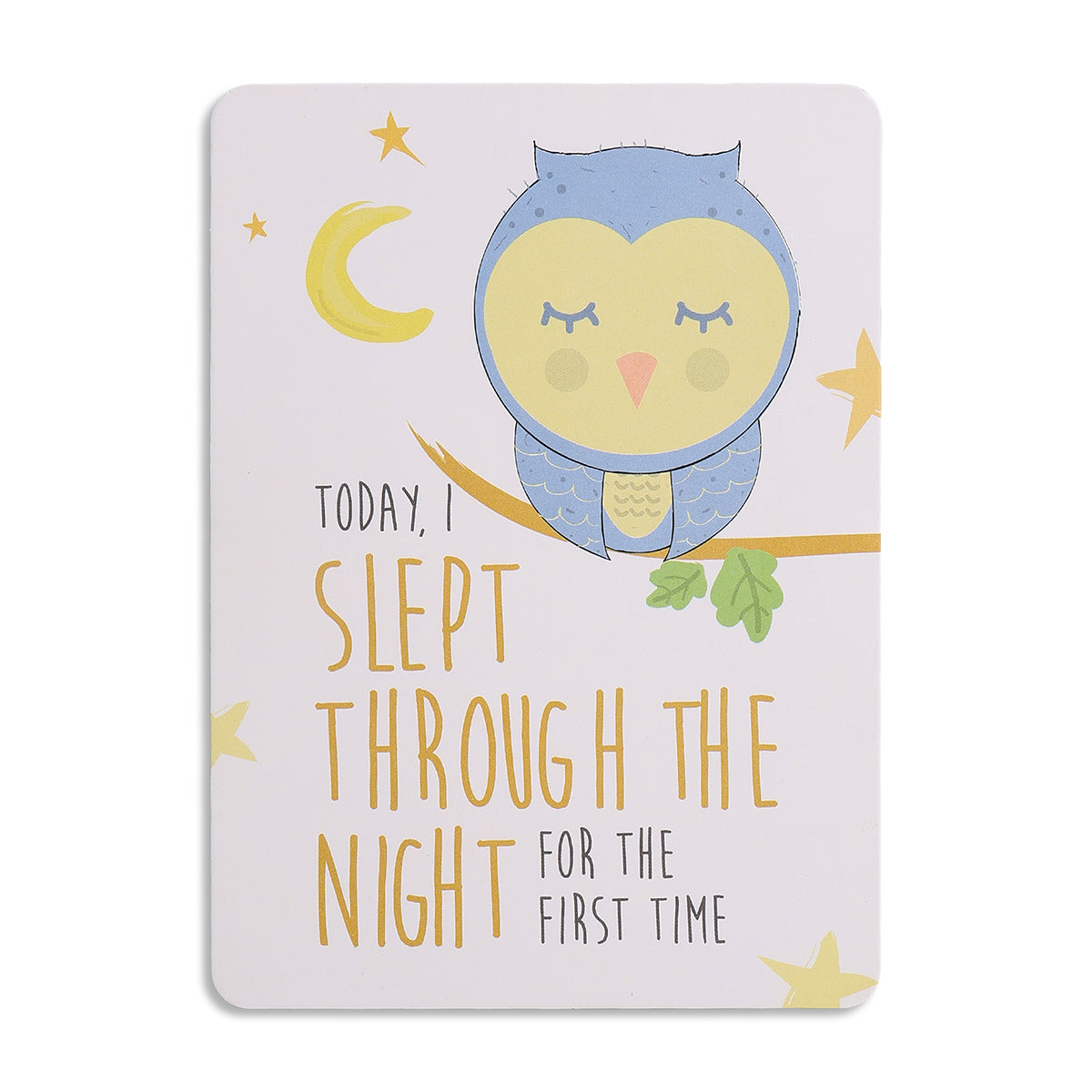 Baby Milestone Card with Owl Print and “Slept Through the Night” Text, White & Blue Nursery Keepsake Card