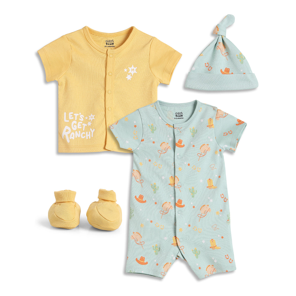 Baby Boys Cowboy Print Romper Set Pack Of 4, Yellow And Green