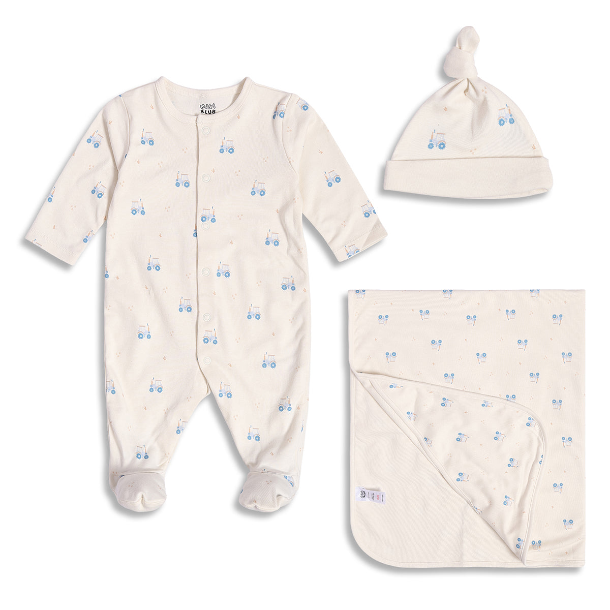 Baby Unisex Tractor Print Romper With Cap And Blanket Set, Cream