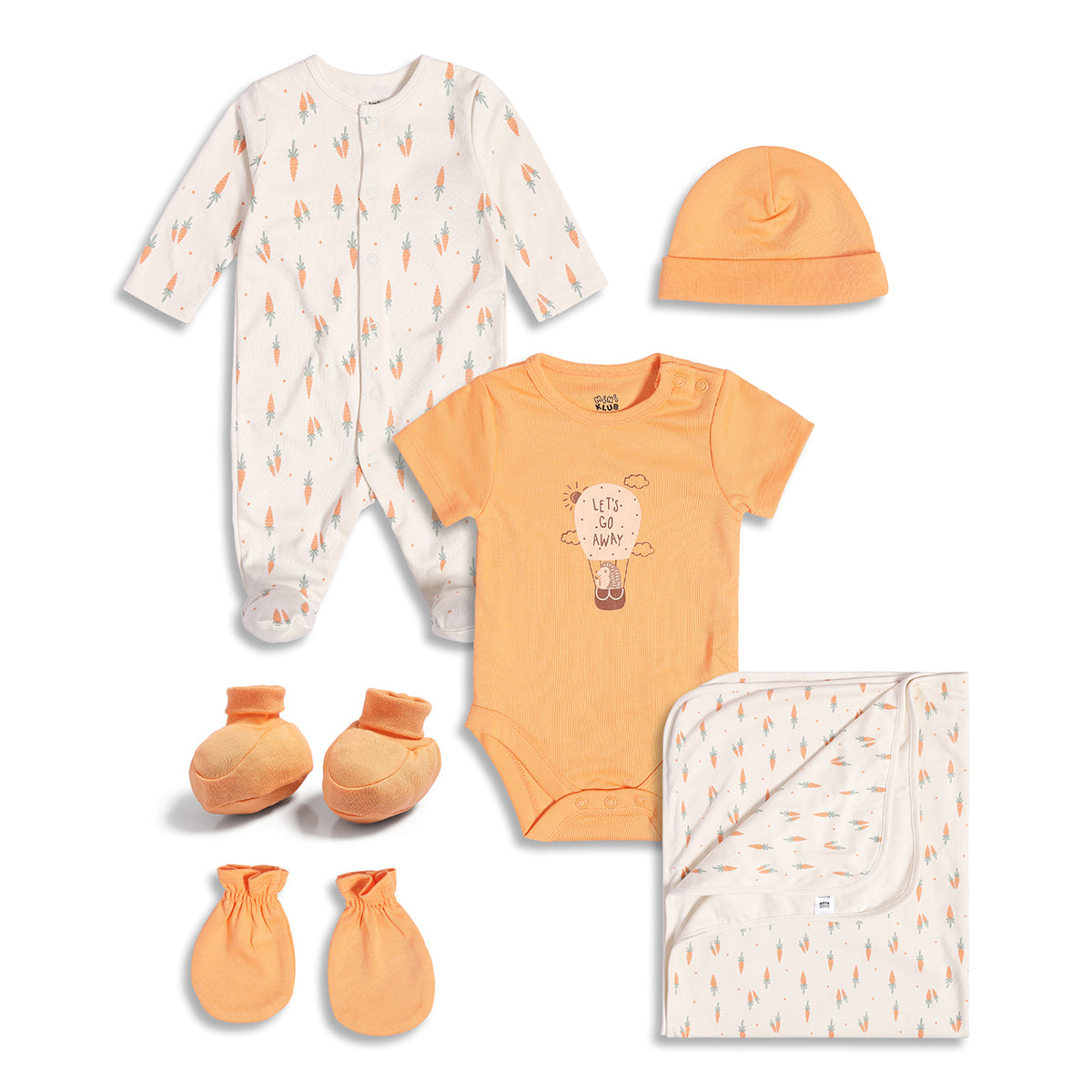 Baby Unisex 5 Piece Gift Set With Romper, Bodysuit, Cap, Mittens, Booties And Blanket, Orange