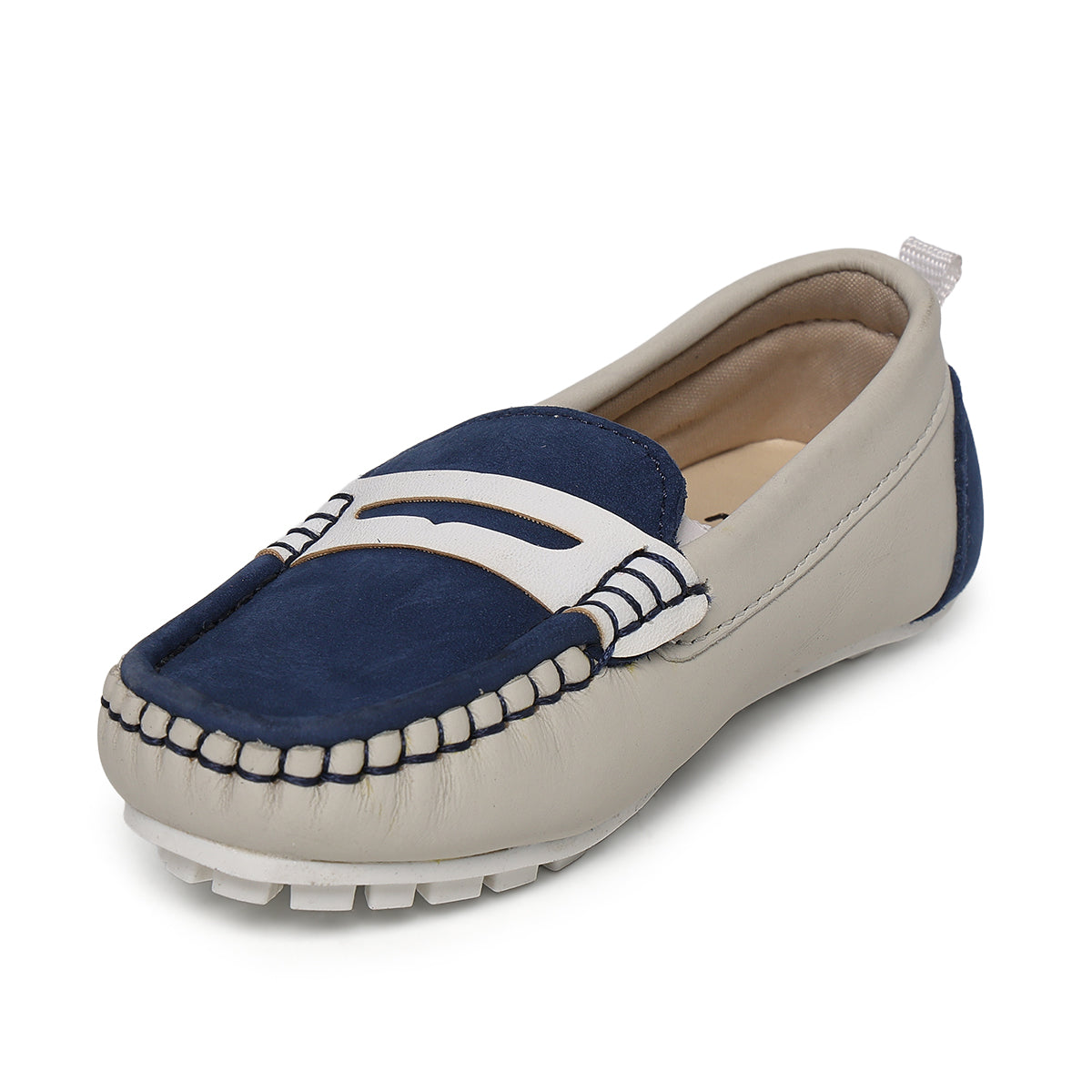 Baby Boys White & Blue Leather Loafers Casual Slip-On Shoes