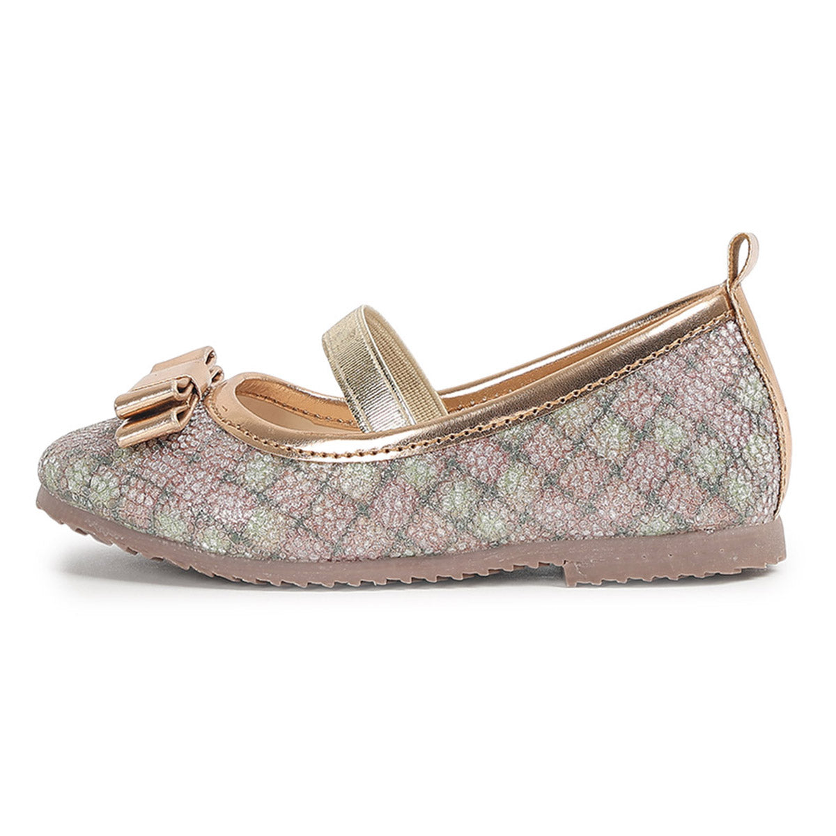 Girls Gold Floral Ballet Flats with Bow Detail Party Shoes