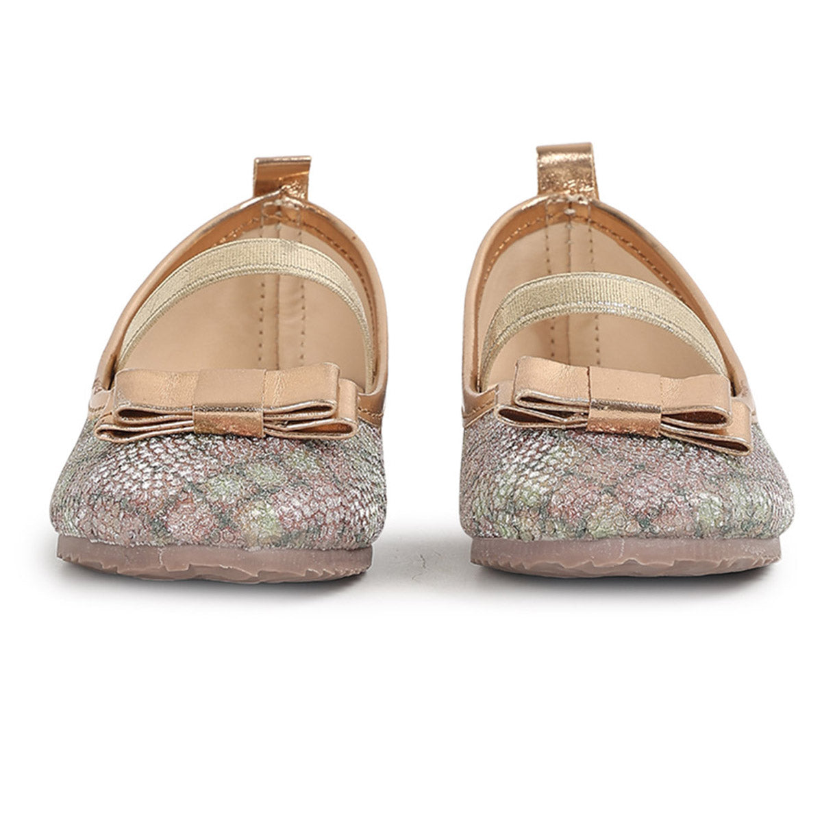 Girls Gold Floral Ballet Flats with Bow Detail Party Shoes