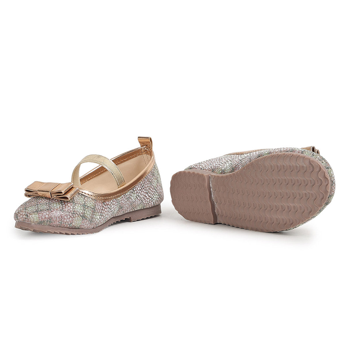 Girls Gold Floral Ballet Flats with Bow Detail Party Shoes