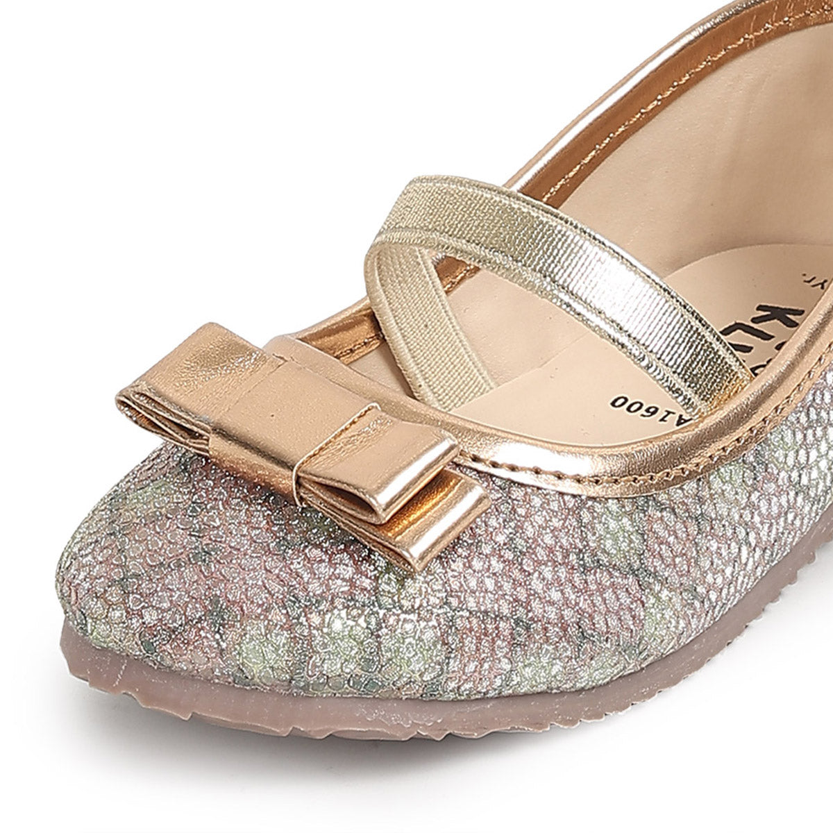 Girls Gold Floral Ballet Flats with Bow Detail Party Shoes