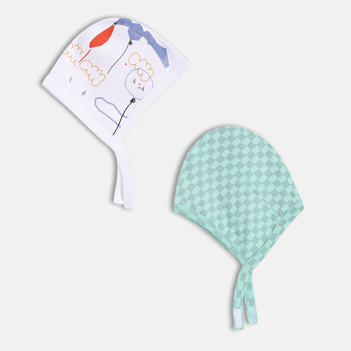 Unisex White and Mint Printed Tie-Up Caps Pack of 2 Soft Caps