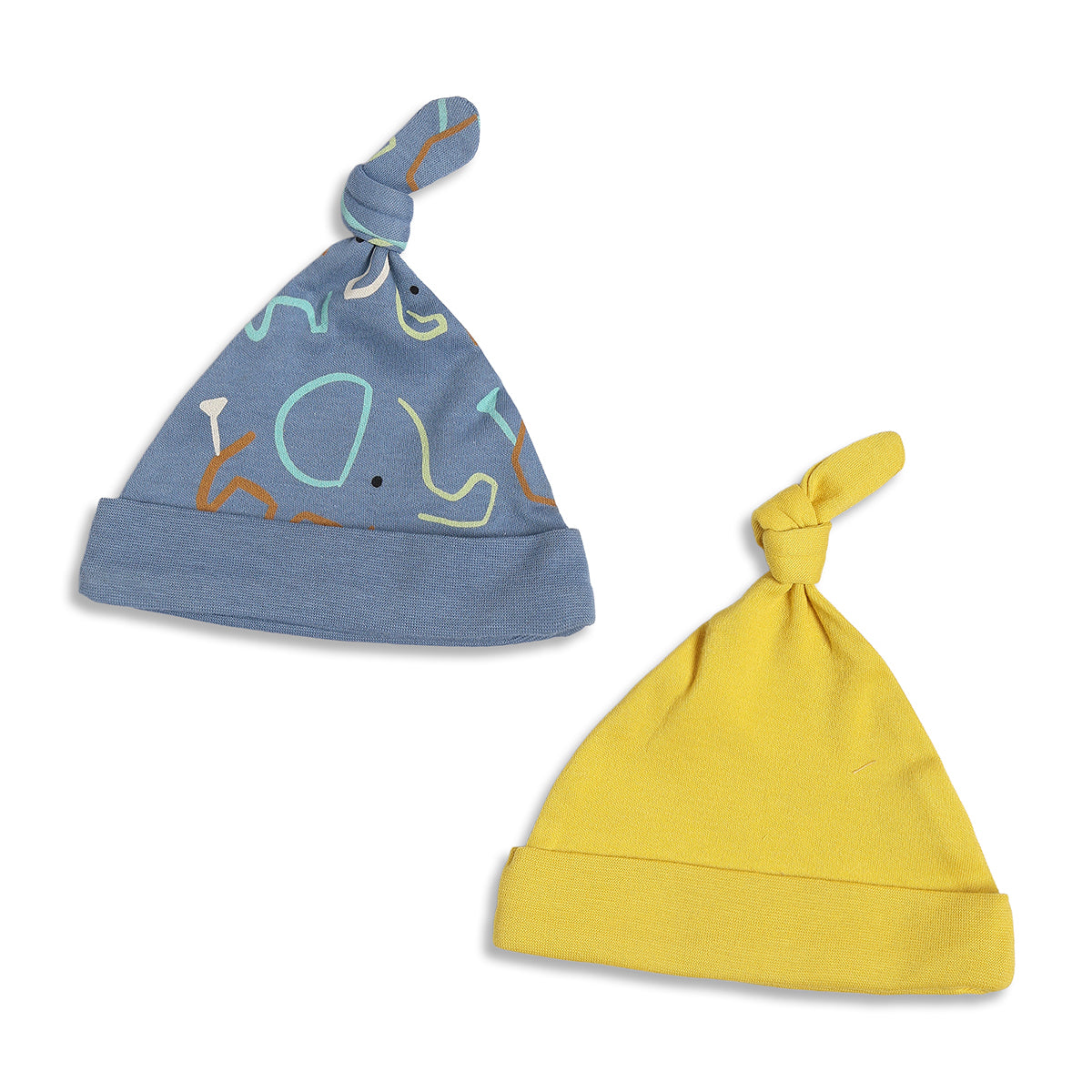 Baby Unisex Blue & Yellow Cotton Printed Cap Pack of 2 for Daily Wear
