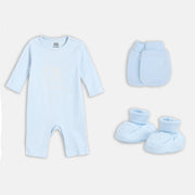 Baby Boys Printed Romper with Mittens and Booties Set of 3, Light Blue