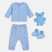 Baby Boys Printed Shirt and Pants with Booties and Soft Toy Set of 4, Blue