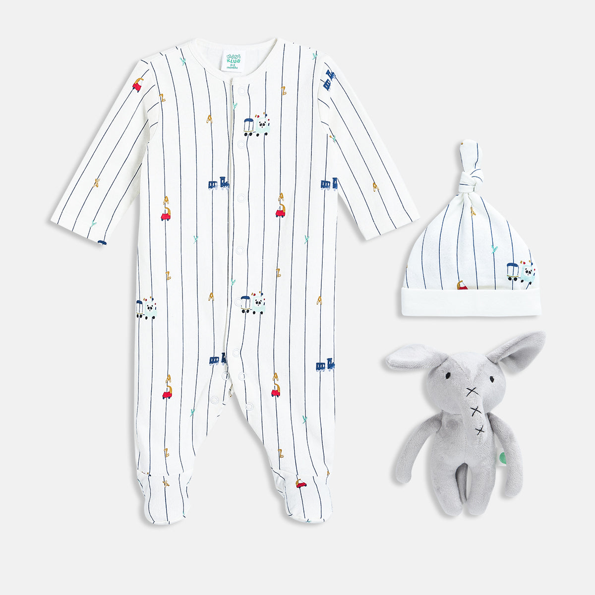 Baby Boys Printed Sleepsuit with Cap and Soft Toy Set of 3, White