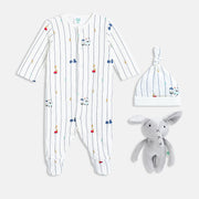 Baby Boys Printed Sleepsuit with Cap and Soft Toy Set of 3, White