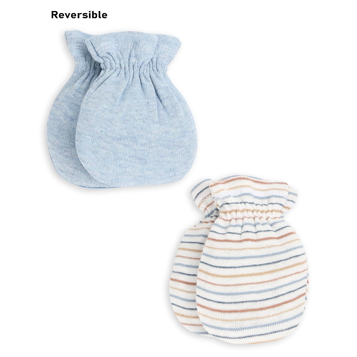 Baby Unisex Light Blue and White Cotton Mittens Pack of 1 Reversible Striped Everyday Wear