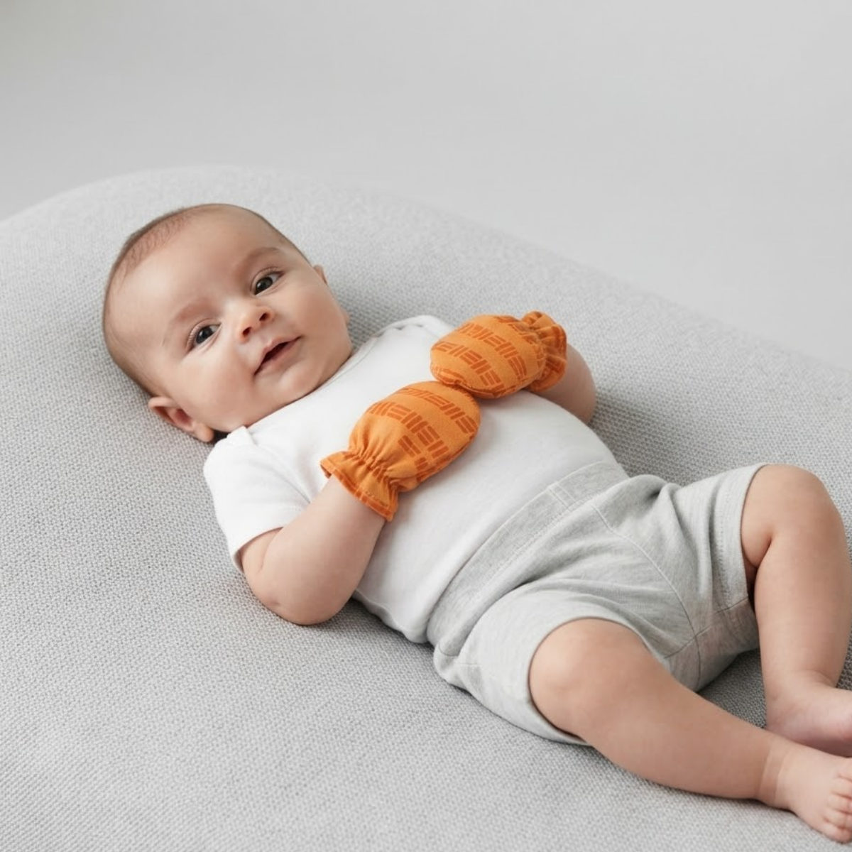 Baby Grey and Orange Cotton Mittens Pack of 2 Printed Newborn Essentials