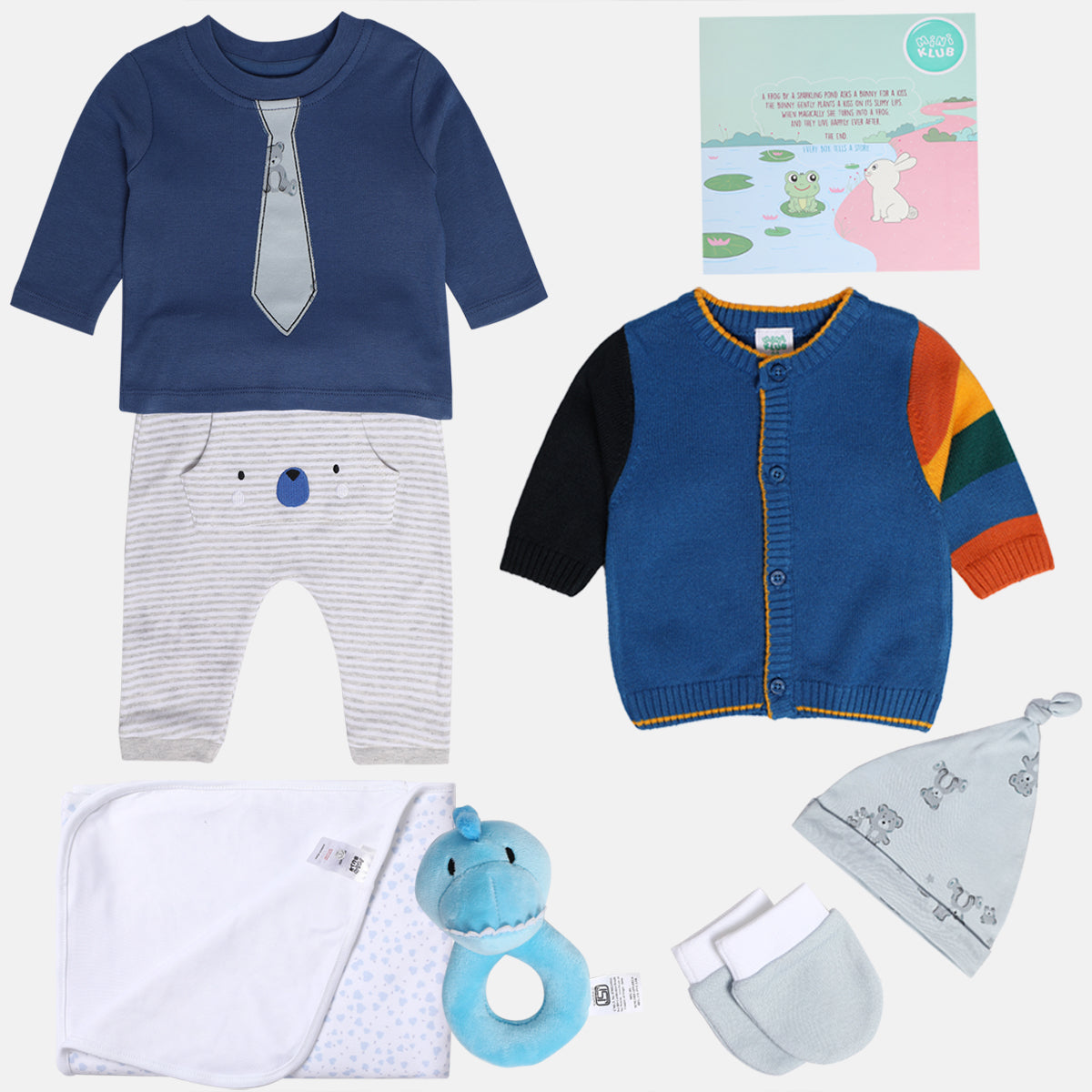 Boys Gift Set Top&Bottom Set, Sweater, Cap, Rattle, Mittens & Blanket
