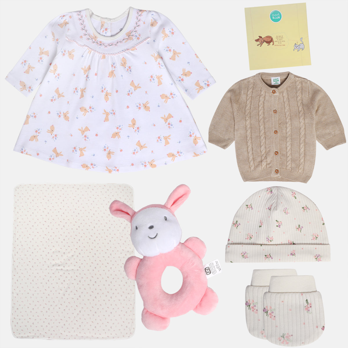 Girls Gift Set Dress Set, Sweater, Cap, Rattle, Mittens & Blanket