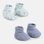 Baby Boys Light Blue and Navy Cotton Printed Booties Pack of 2 Soft Sole Everyday Wear