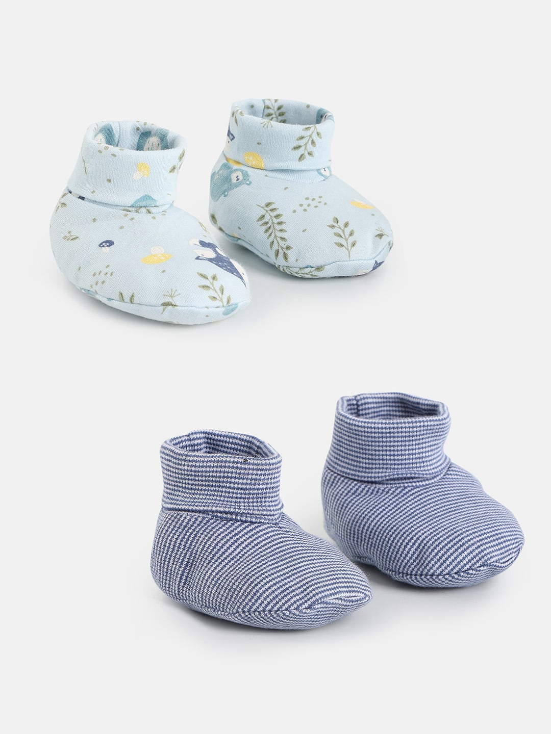 Baby Boys Light Blue and Navy Cotton Printed Booties Pack of 2 Soft Sole Everyday Wear