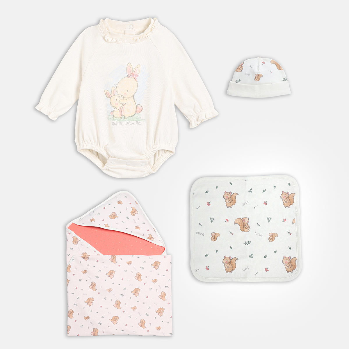 Baby Girls Printed Bodysuit with Cap, Blanket and Washcloth Set of 4, Off White