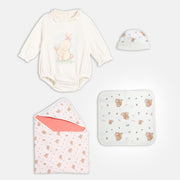 Baby Girls Printed Bodysuit with Cap, Blanket and Washcloth Set of 4, Off White
