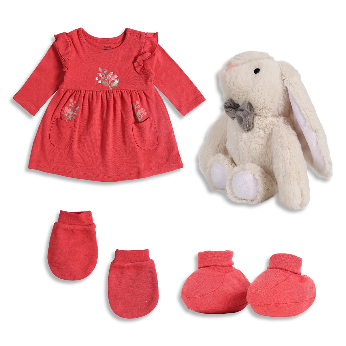 Baby Girls Red Cotton Embroidered Dress Gift Set Pack of 4 for Daily Wear