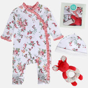 Baby Girls White Cotton Sleepsuit Cap and Rattle Gift Set Pack of 3 Floral Printed Everyday Wear