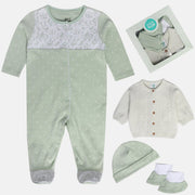 Baby Girls Sage Green and White Cotton Sleepsuit Cardigan Cap and Booties Gift Set Pack of 4 Polka Dot Printed Everyday Wear