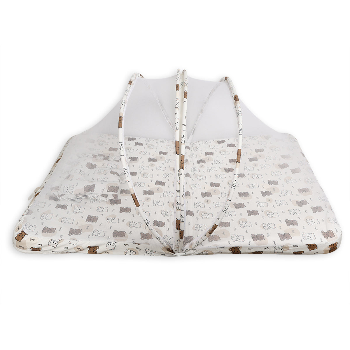 Baby Cotton Bed with Mosquito Net & Pillow, Bear Print – White