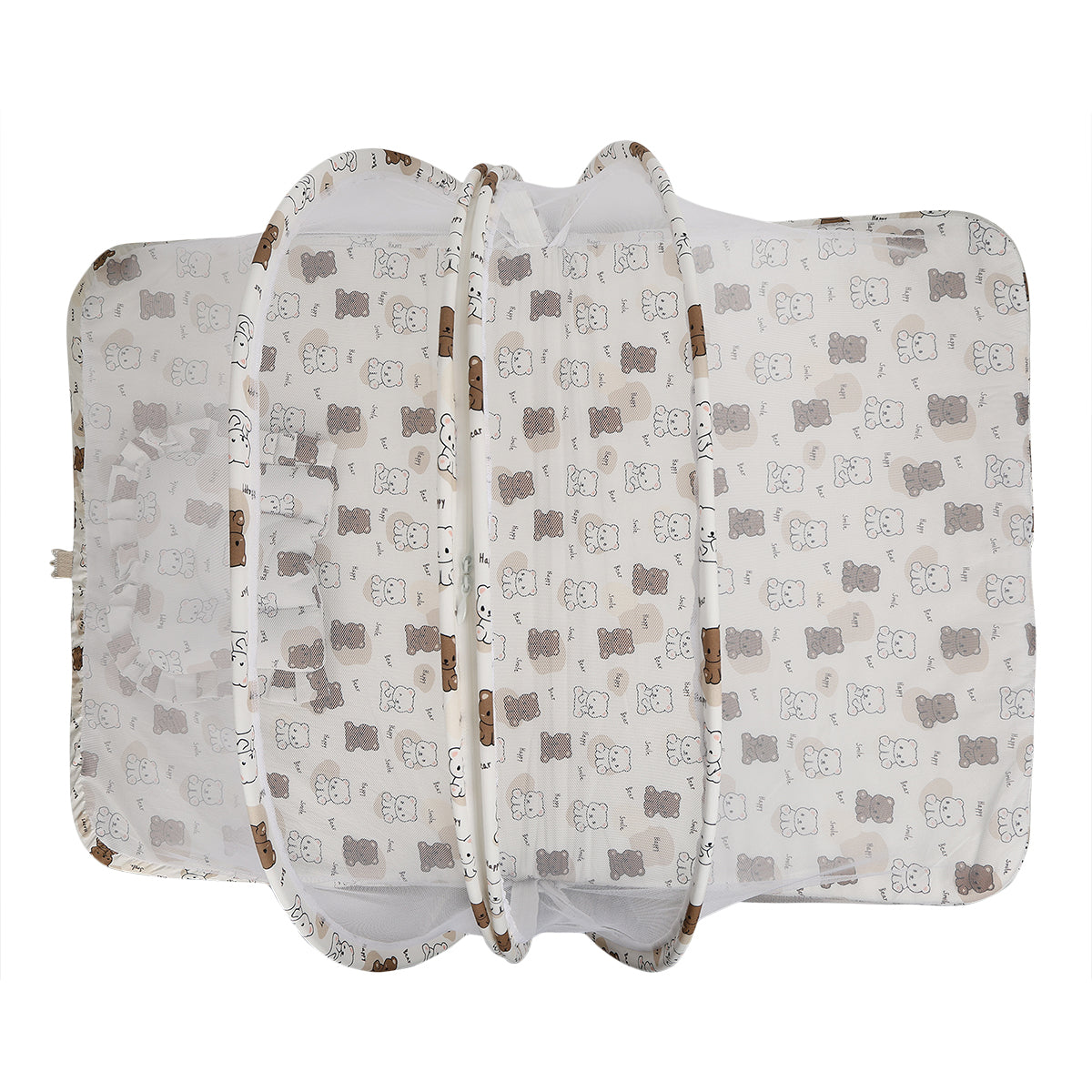 Baby Cotton Bed with Mosquito Net & Pillow, Bear Print – White