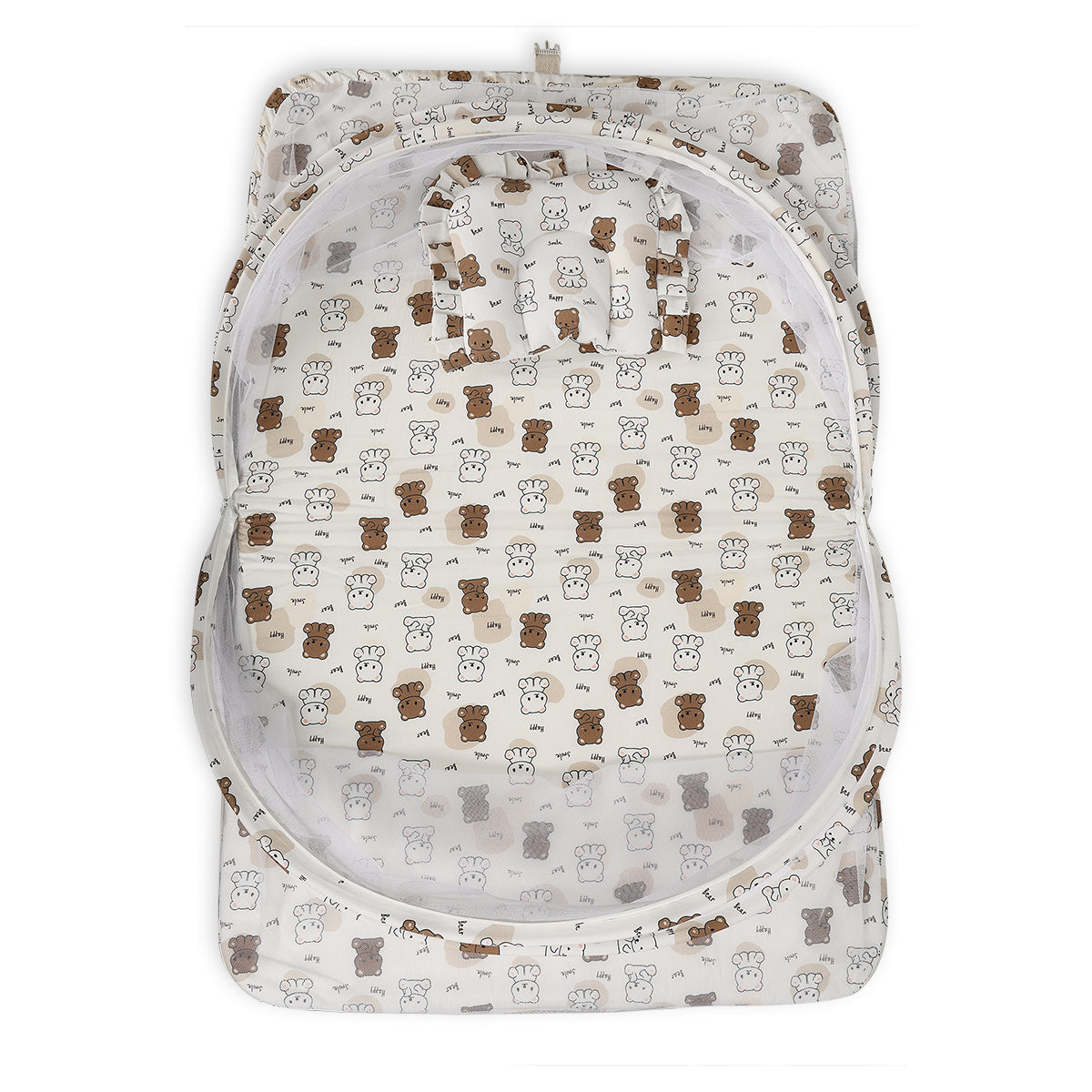 Baby Cotton Bed with Mosquito Net & Pillow, Bear Print – White