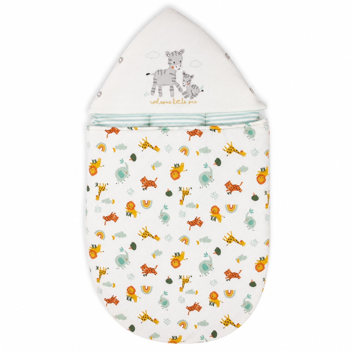 Baby Unisex White Cotton Animal Printed Hooded Nest Bag With Zipper Closure