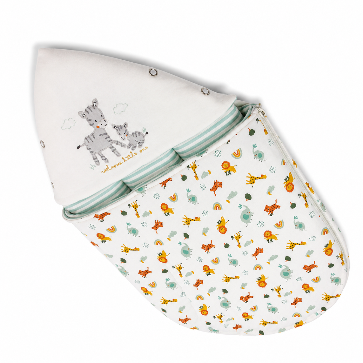 Baby Unisex White Cotton Animal Printed Hooded Nest Bag With Zipper Closure