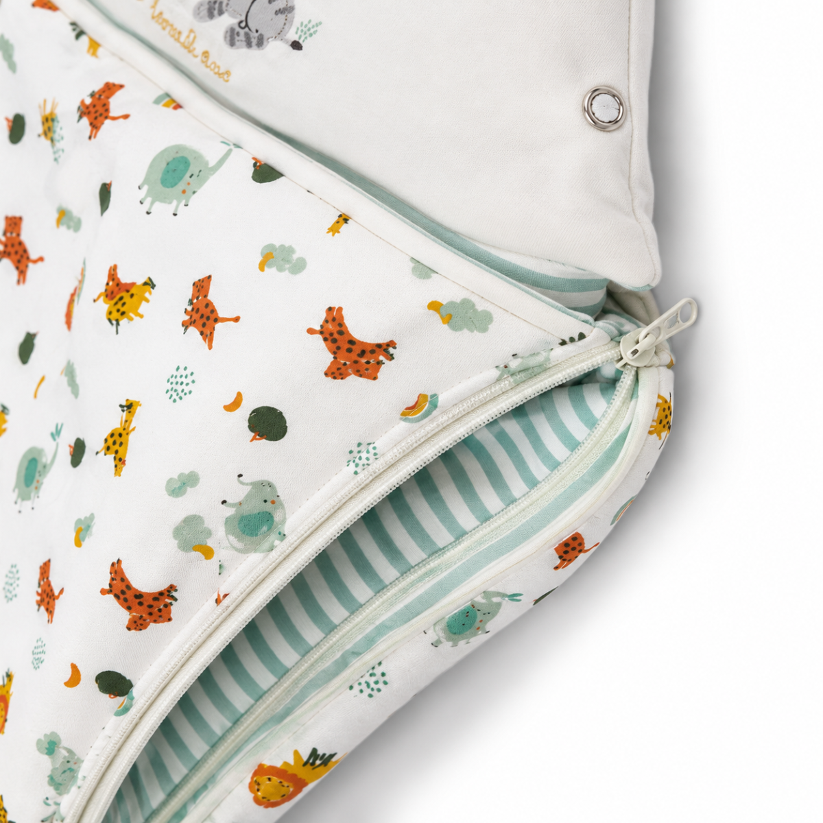 Baby Unisex White Cotton Animal Printed Hooded Nest Bag With Zipper Closure