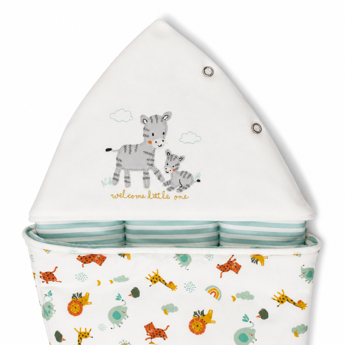 Baby Unisex White Cotton Animal Printed Hooded Nest Bag With Zipper Closure