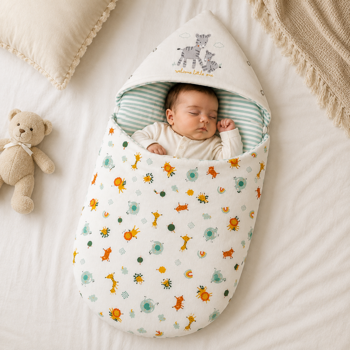 Baby Unisex White Cotton Animal Printed Hooded Nest Bag With Zipper Closure