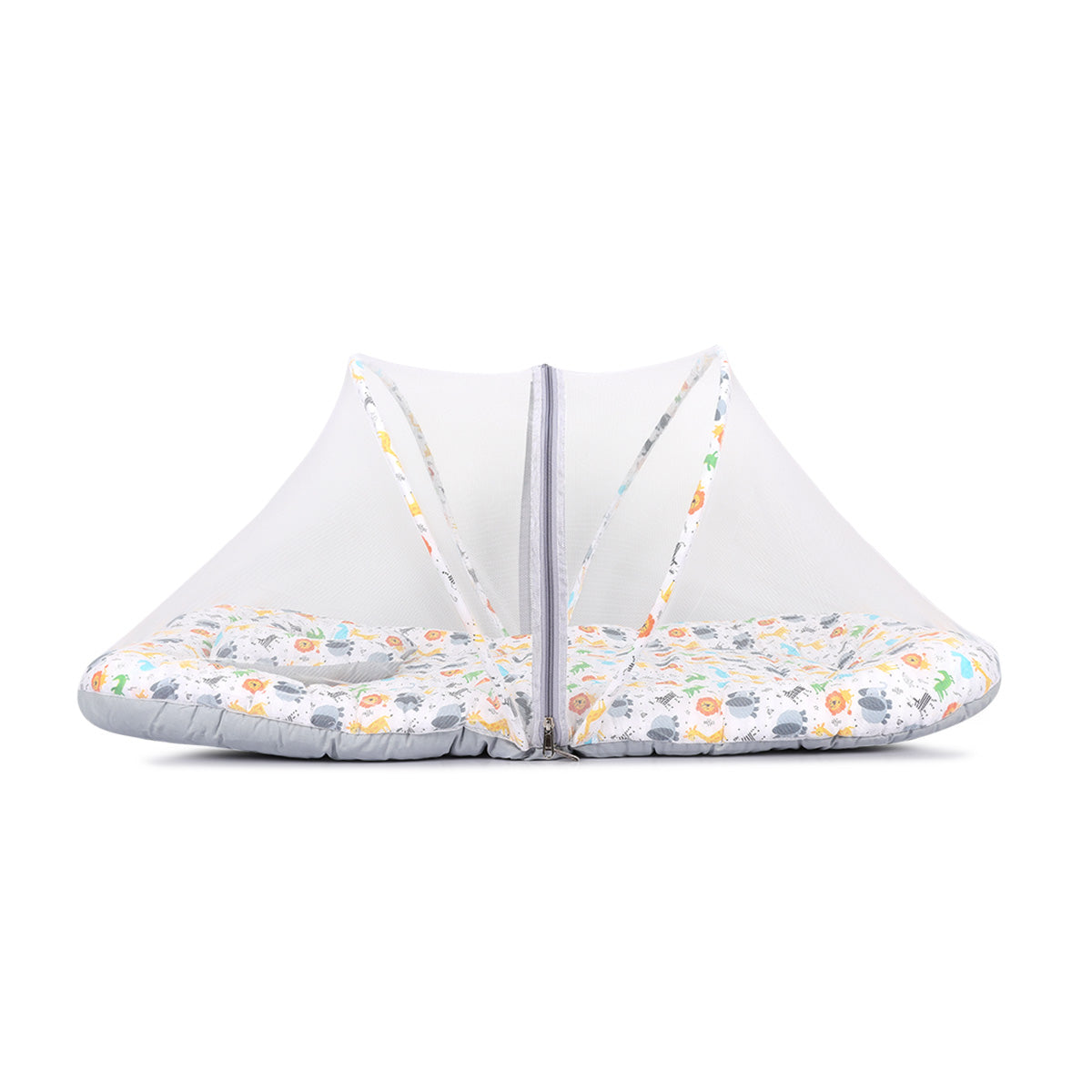 Baby Mosquito Net Bed with Zipper Closure & Cushioned Base, Multicolor Print