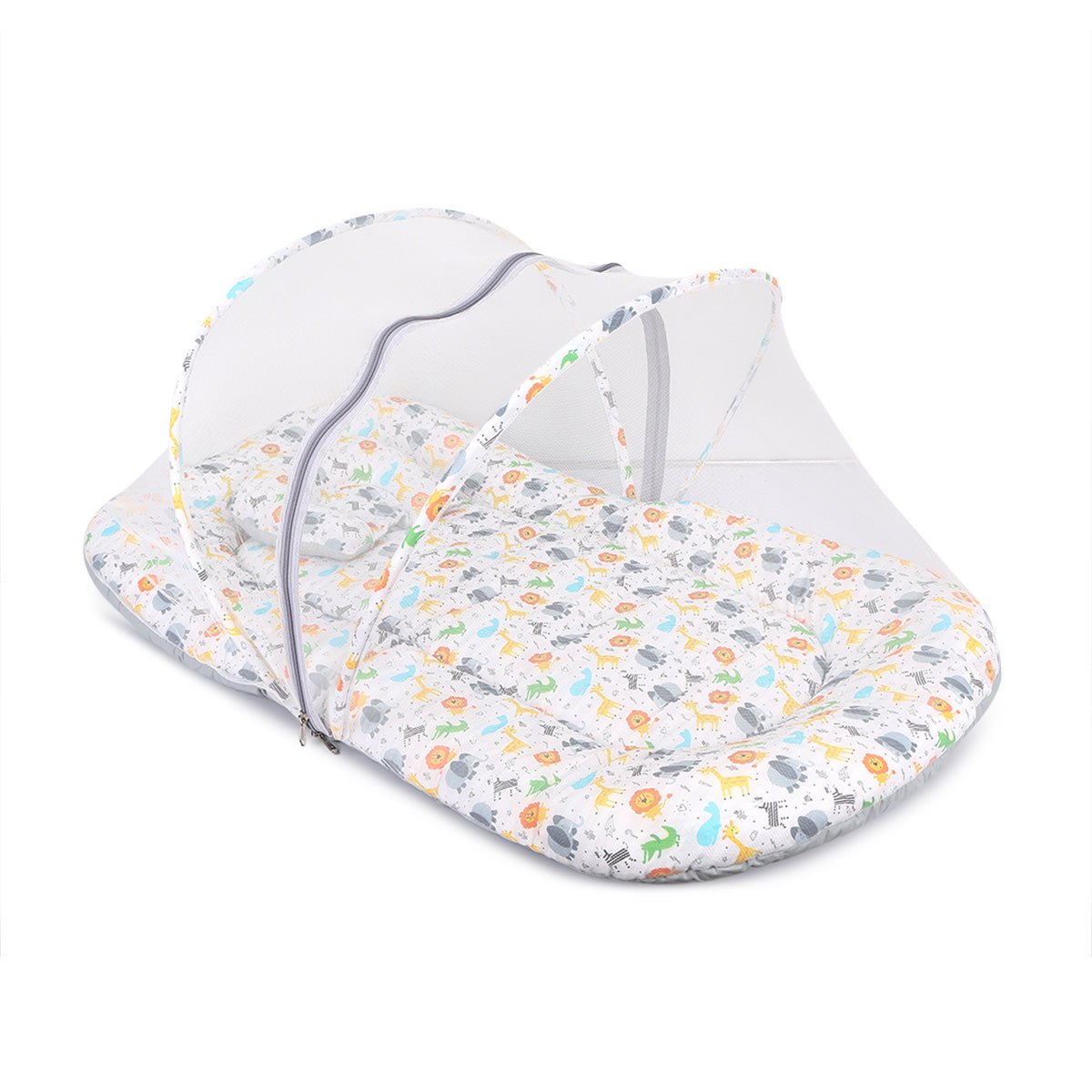Baby Mosquito Net Bed with Zipper Closure & Cushioned Base, Multicolor Print