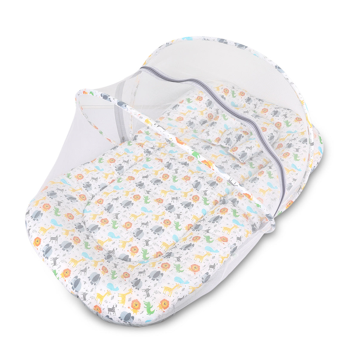 Baby Mosquito Net Bed with Zipper Closure & Cushioned Base, Multicolor Print