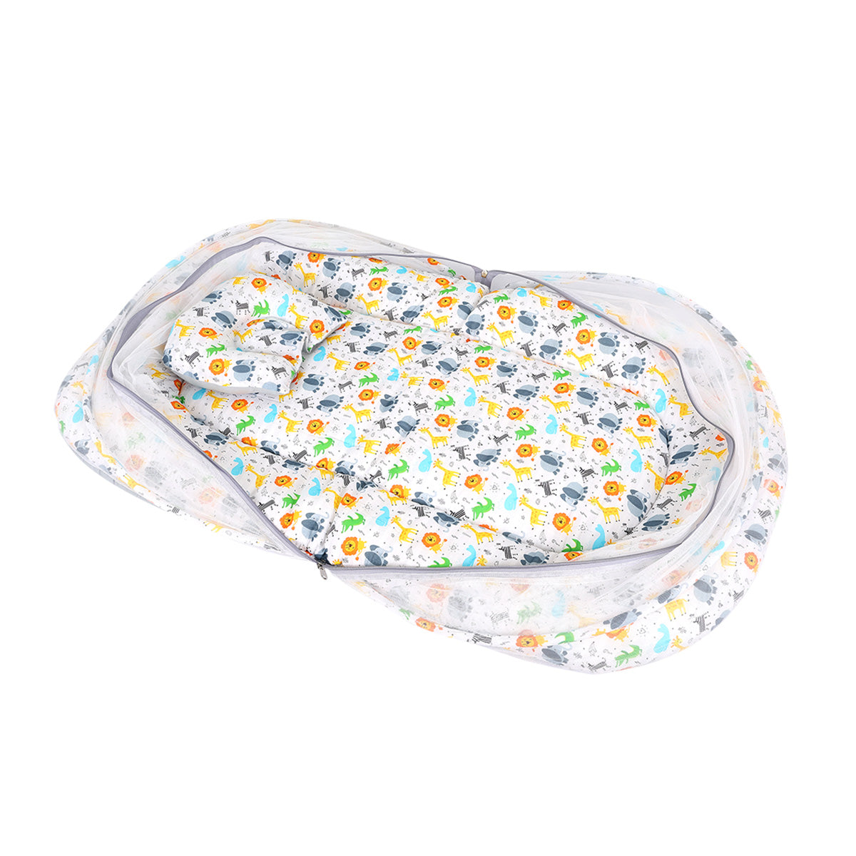 Baby Mosquito Net Bed with Zipper Closure & Cushioned Base, Multicolor Print