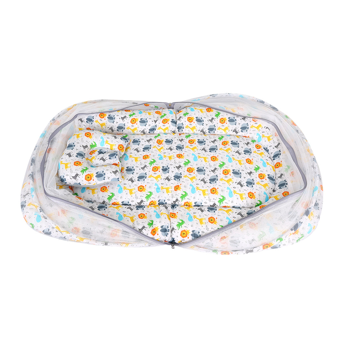 Baby Mosquito Net Bed with Zipper Closure & Cushioned Base, Multicolor Print
