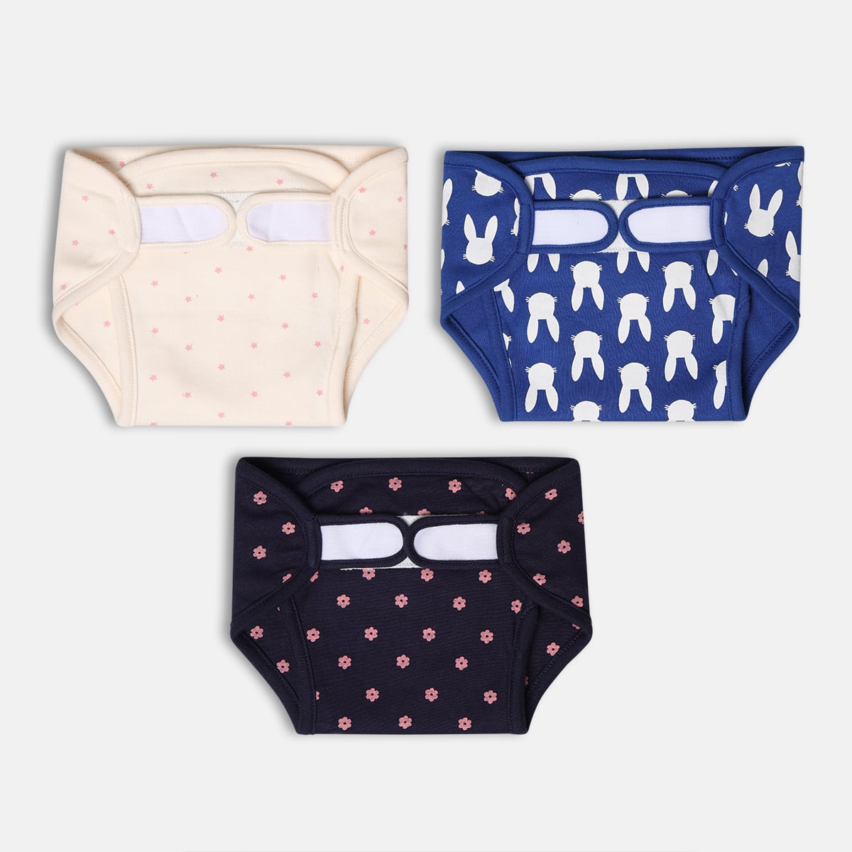 Baby Unisex Cream Blue and Navy Cotton Printed Reusable Cloth Nappies Pack of 3 Everyday Essentials