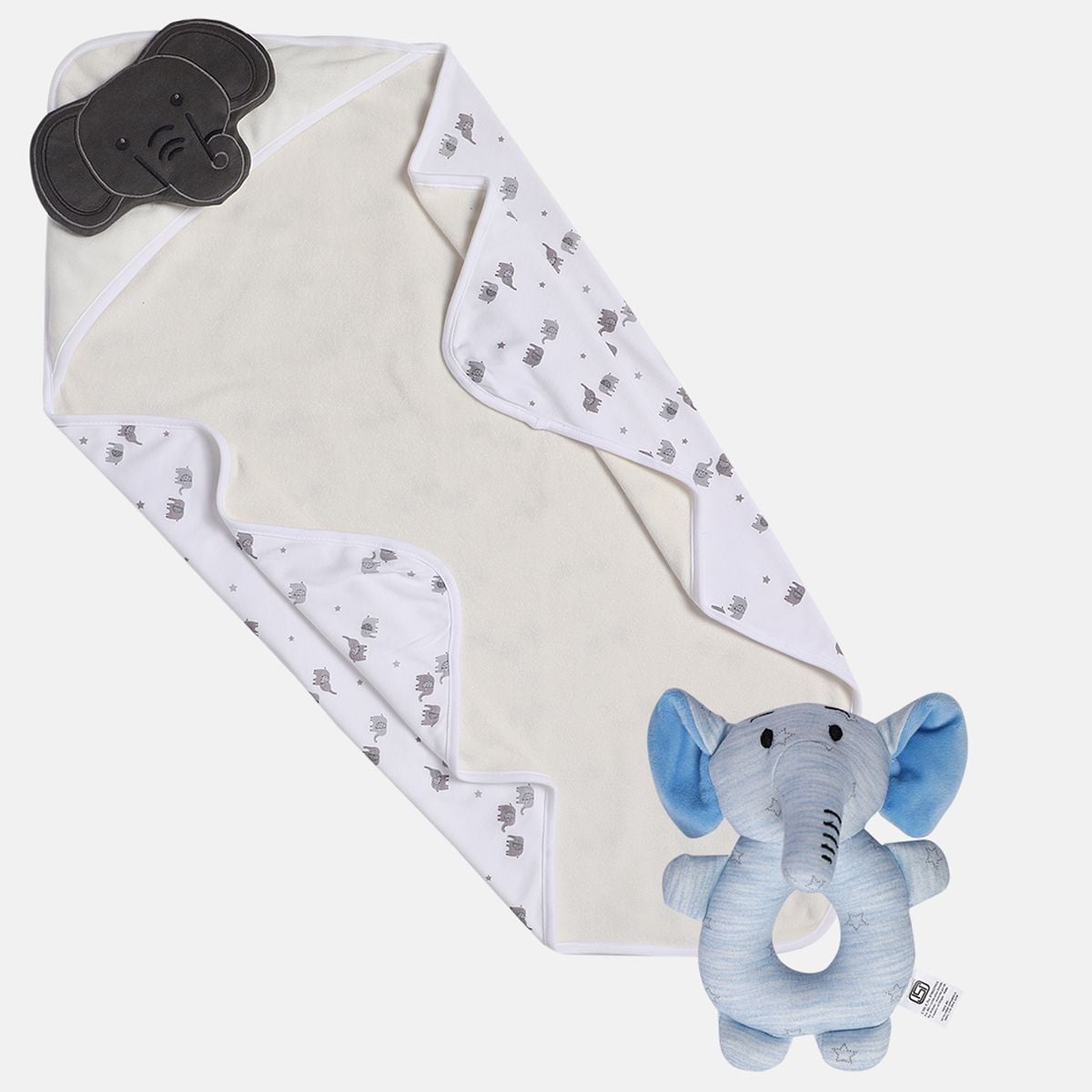Baby Unisex White Grey and Blue Cotton Blend Hooded Wrapper and Rattle Gift Set Pack of 2 Elephant Printed Bath Time Essentials