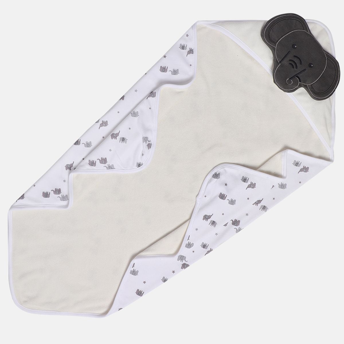Baby Unisex White Grey and Blue Cotton Blend Hooded Wrapper and Rattle Gift Set Pack of 2 Elephant Printed Bath Time Essentials