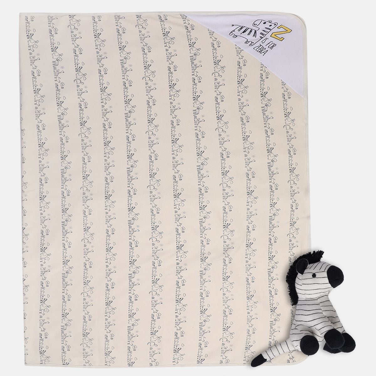 Baby Unisex Beige White and Black Cotton Blend Hooded Wrapper and Soft Toy Gift Set Pack of 2 Zebra Themed Bath Time Essentials