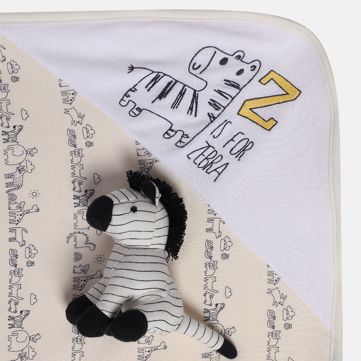 Baby Unisex Beige White and Black Cotton Blend Hooded Wrapper and Soft Toy Gift Set Pack of 2 Zebra Themed Bath Time Essentials