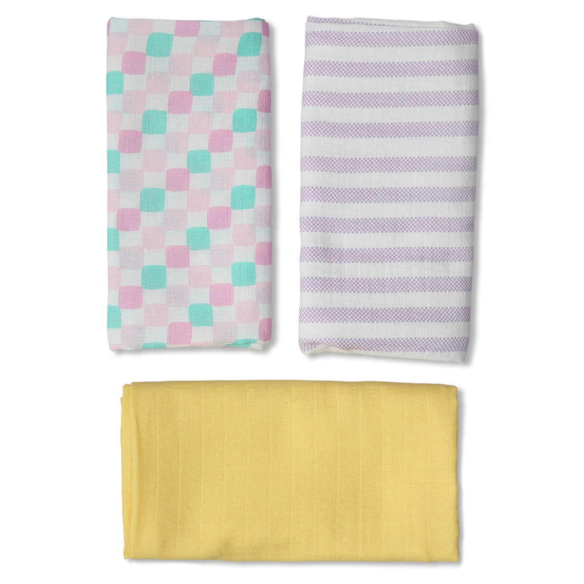 Baby Muslin Swaddle Cloth Pack Of 3, Yellow Pink And Purple