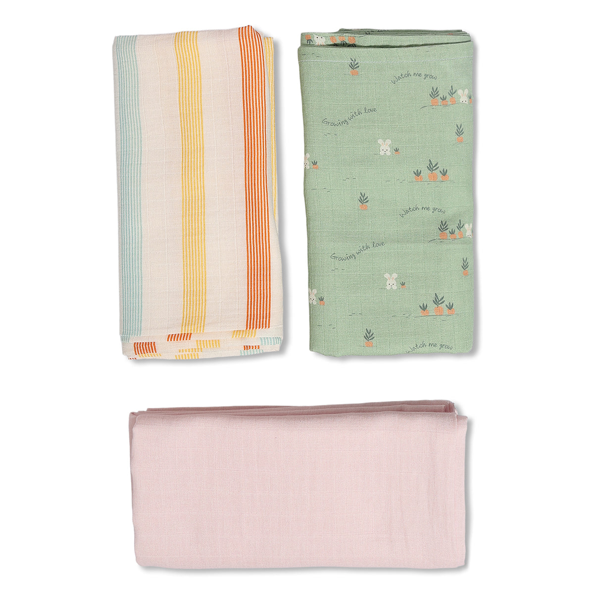 Baby Muslin Swaddle Cloth Pack Of 3, Green Peach Pink And Multicolor