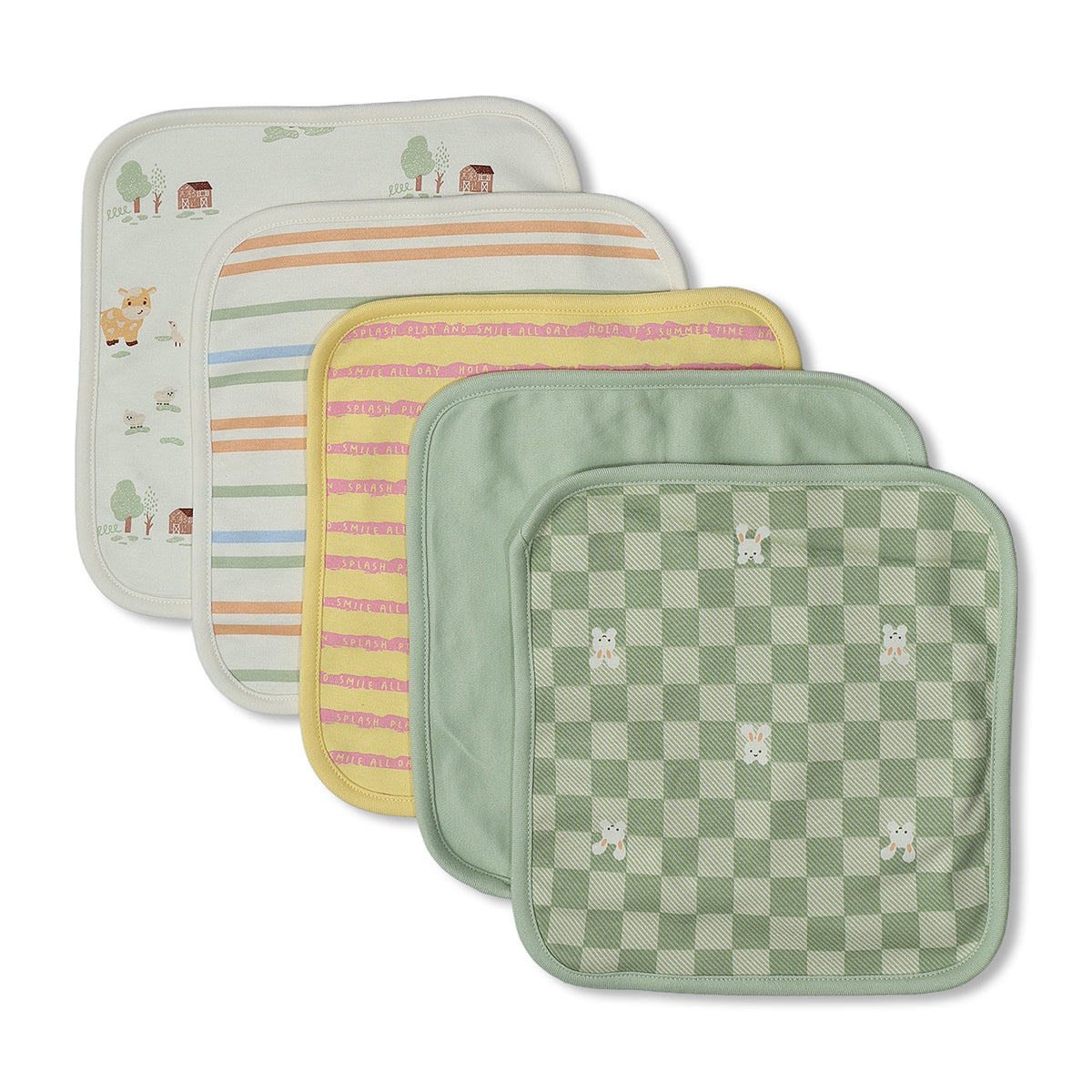 Baby Unisex Printed Washcloth Set Of 5, Green Yellow And White