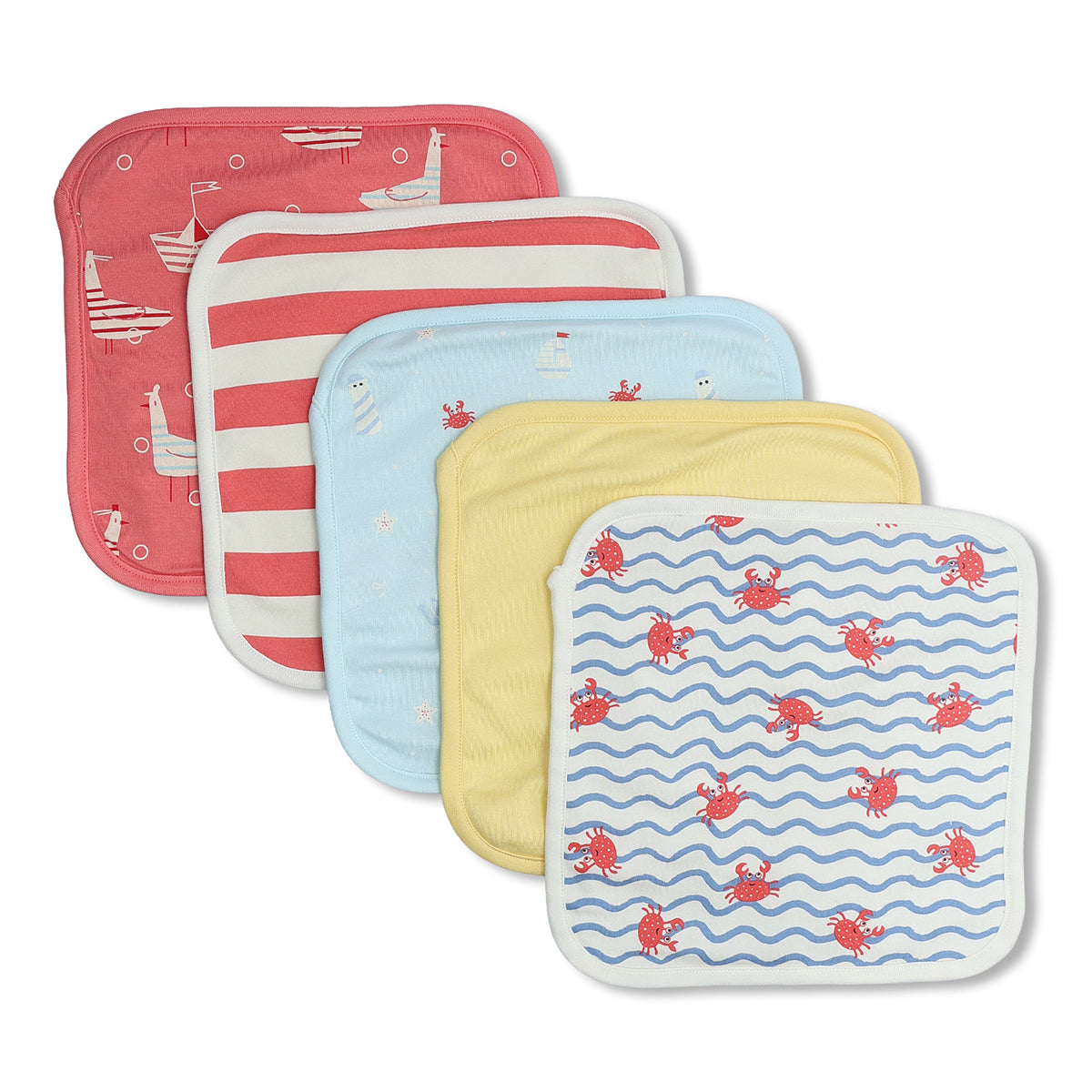 Baby Unisex Printed Washcloth Set Of 5, Red Blue Yellow And White
